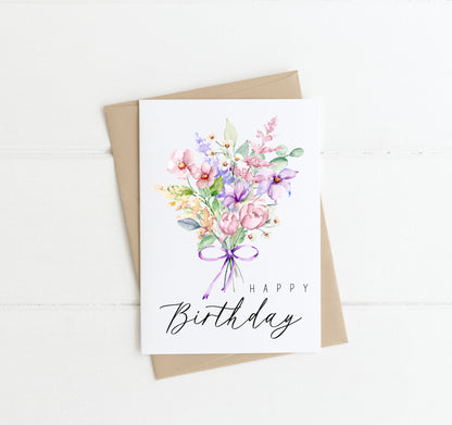 Happy Birthday purple bow pink wildflower seasonal watercolour floral bouquet pretty birthday card with envelope,kraft brown or white