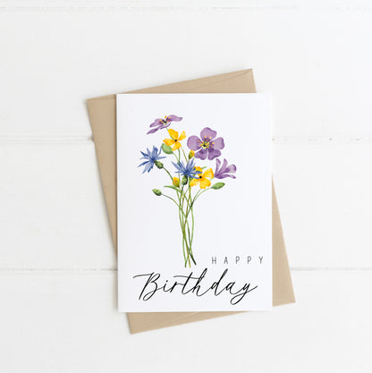 Happy Birthday purple, yellow and blue wildflower seasonal floral bouquet watercolour style birthday card with envelope,kraft brown or white