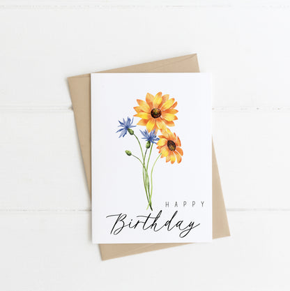 Happy Birthday sunflower style yellow and blue wildflower seasonal floral bouquet pretty birthday card with envelope,kraft brown or white