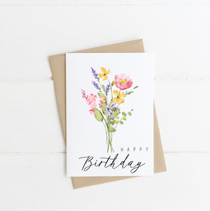 Happy Birthday yellow pink purple wildflower seasonal watercolour floral bouquet pretty birthday card with envelope,kraft brown or white