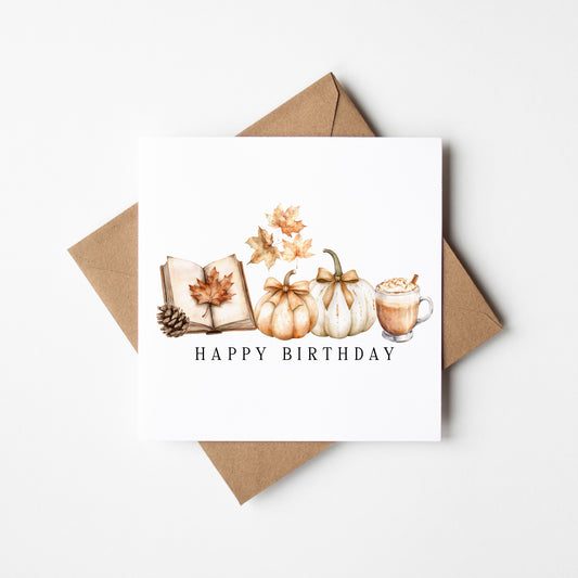 Birthday card, Cosy Autumn fall pumpkin books comfy October books treats seasonal fall birthday card unique birthday card with envelope