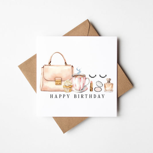 Elegant Birthday Card Make up fashion, Cake & Coffee with envelope
