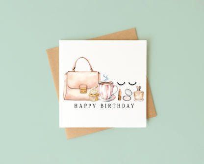 Elegant Birthday Card Make up fashion, Cake & Coffee with envelope