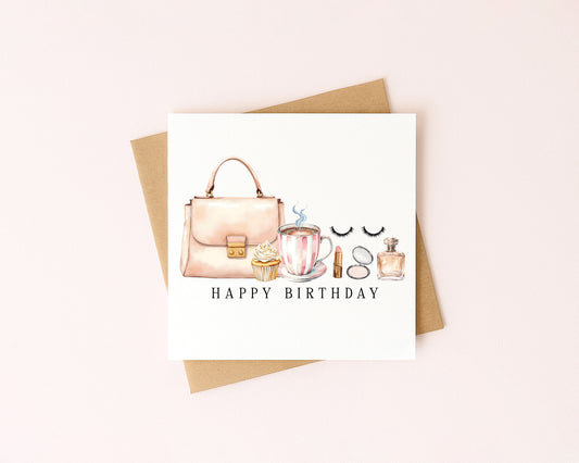 Elegant Birthday Card Make up fashion, Cake & Coffee with envelope