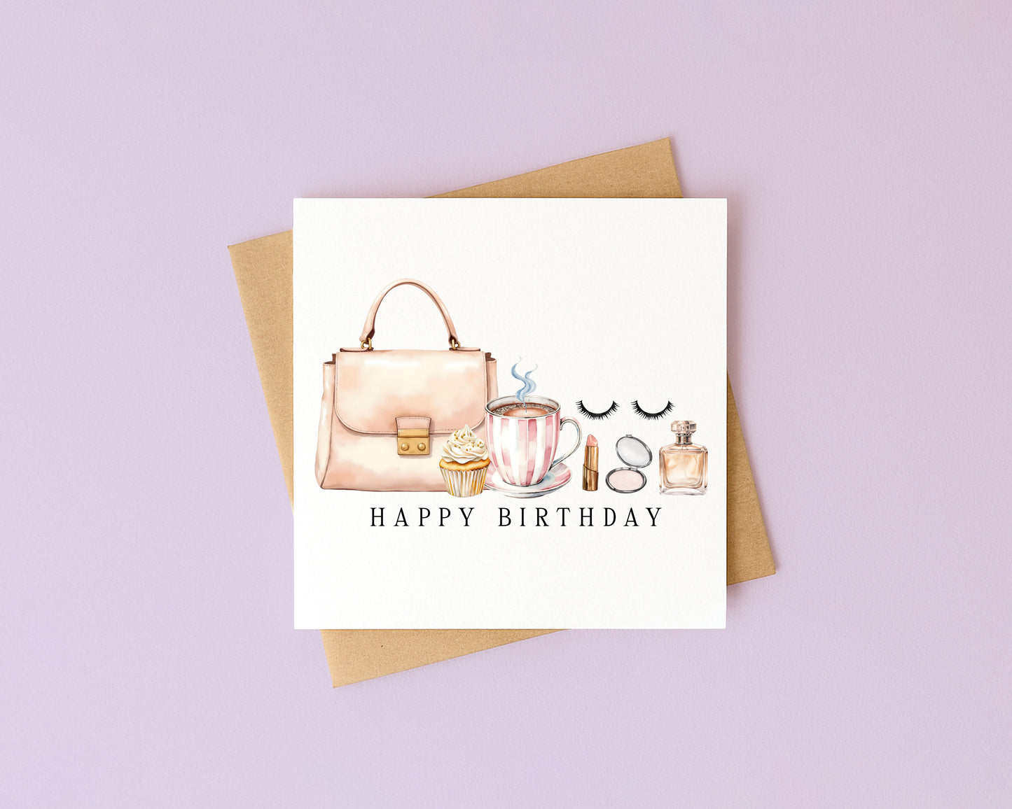 Elegant Birthday Card Make up fashion, Cake & Coffee with envelope