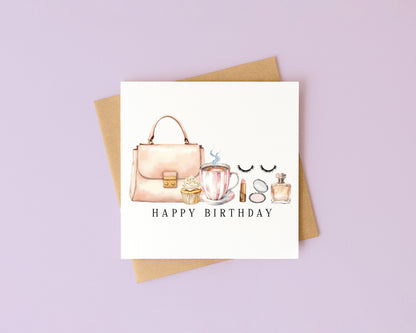 Elegant Birthday Card Make up fashion, Cake & Coffee with envelope