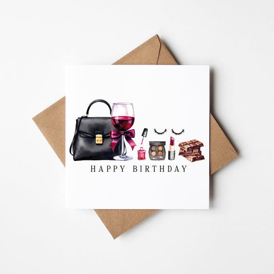 Elegant Birthday Card Wine, Make up Cake & Chocolate card with envelope