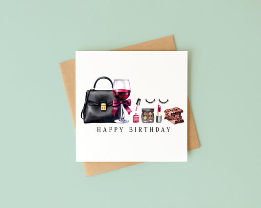 Elegant Birthday Card Wine, Make up Cake & Chocolate card with envelope
