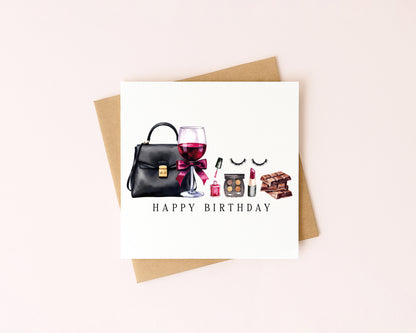 Elegant Birthday Card Wine, Make up Cake & Chocolate card with envelope