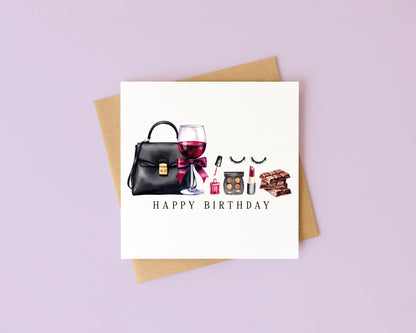 Elegant Birthday Card Wine, Make up Cake & Chocolate card with envelope