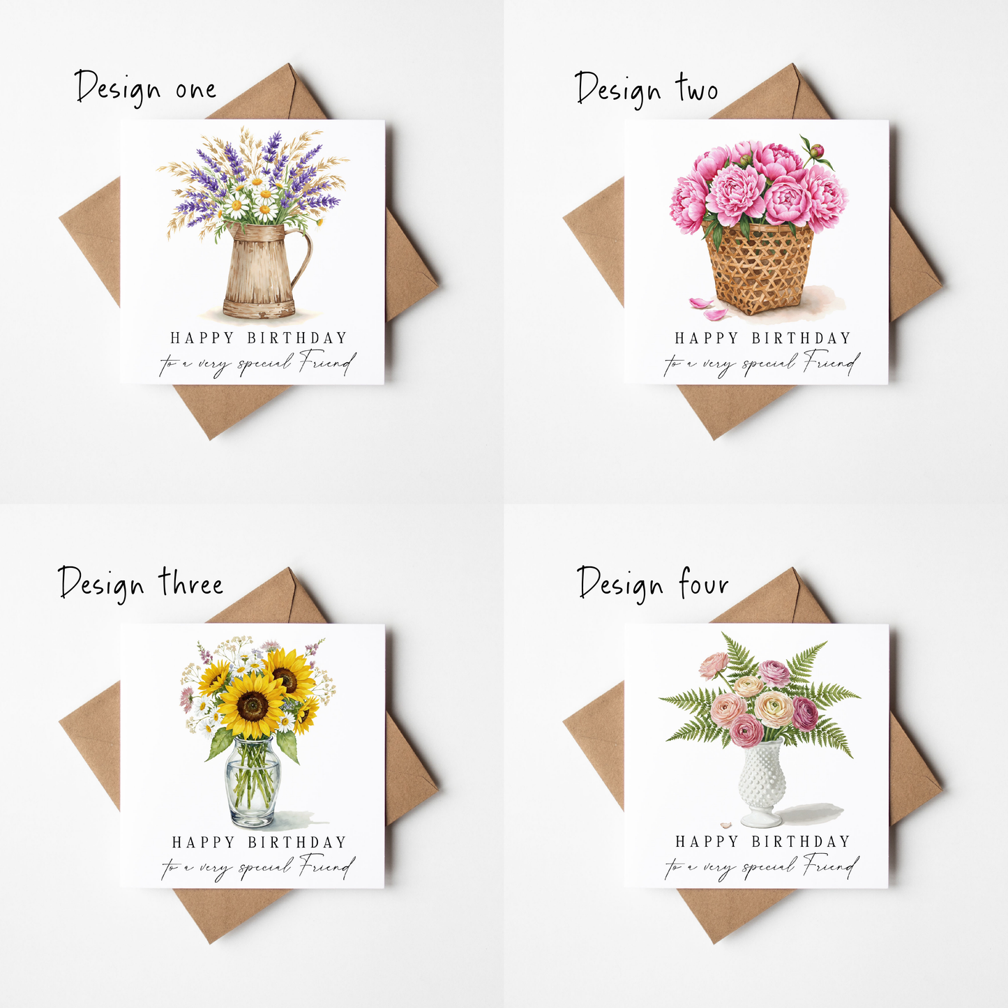 Floral Birthday Cards - Sunflowers, Roses, peonies, lavender flower arrangements - Pack of 4 with envelope