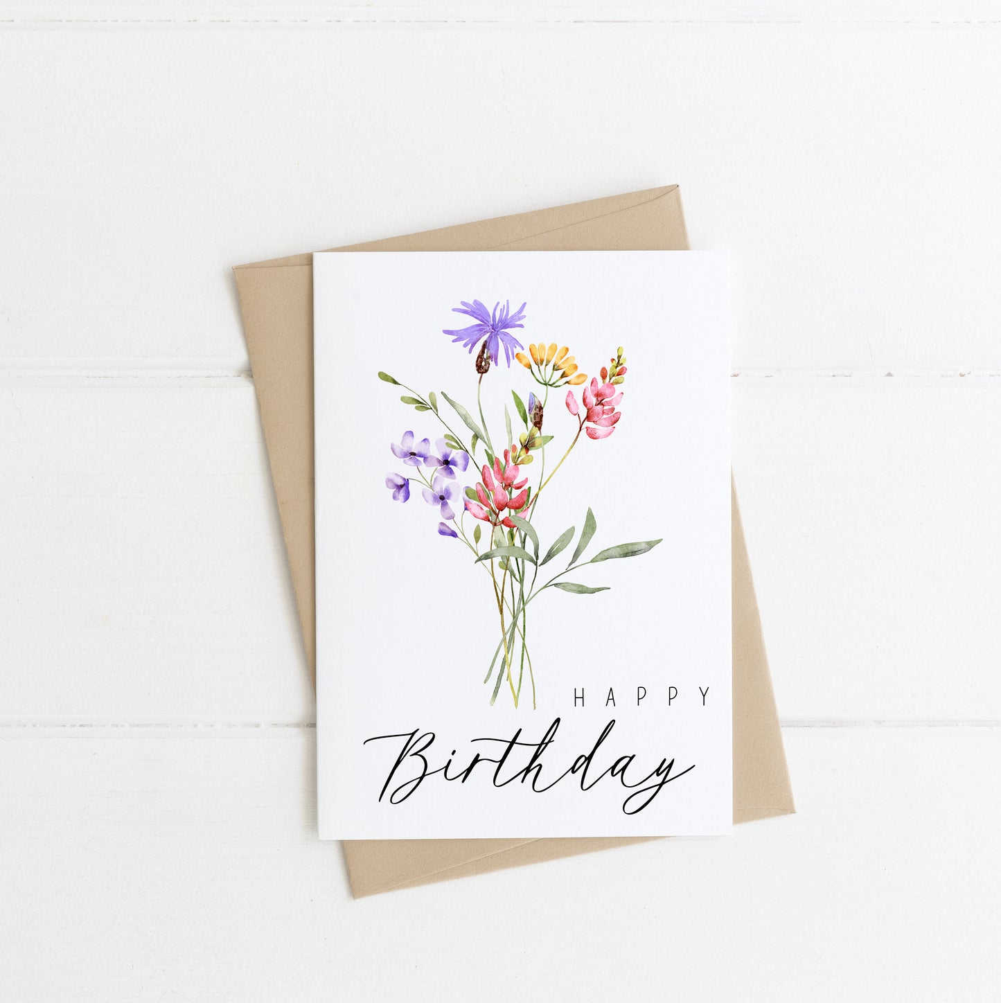 Happy Birthday purple, red & green wildflowers seasonal floral bouquet pretty birthday card with envelope,kraft brown or white