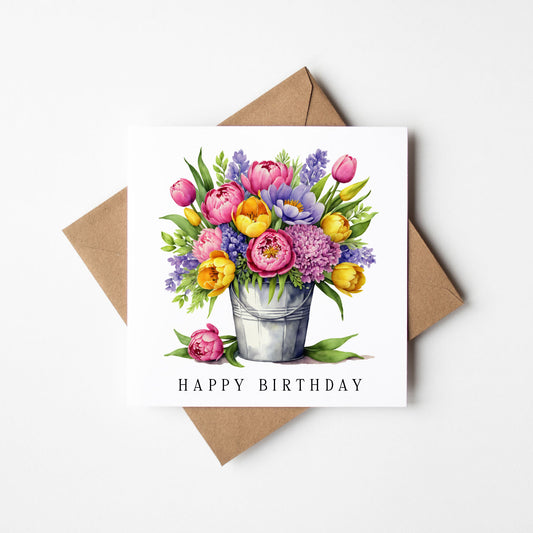 Birthday Card, Happy Birthday bright purple pink yellow bouquet floral card with envelope