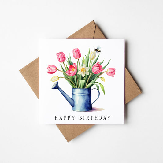 Birthday Card, Happy Birthday tulips daffodils & Bee bouquet floral card with envelope