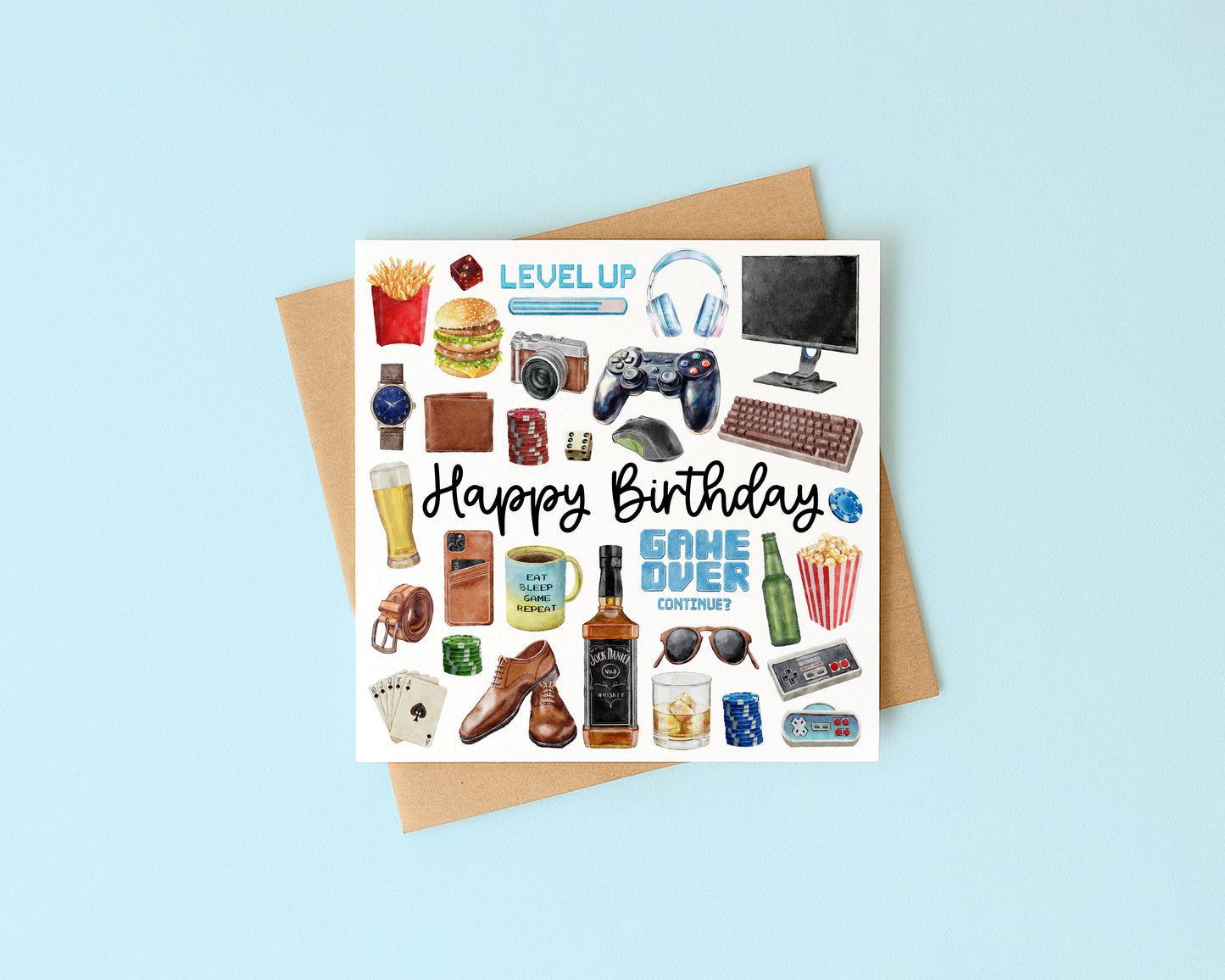 Gaming mens Birthday Card gamer drinks snacks mans bday Design with Envelope