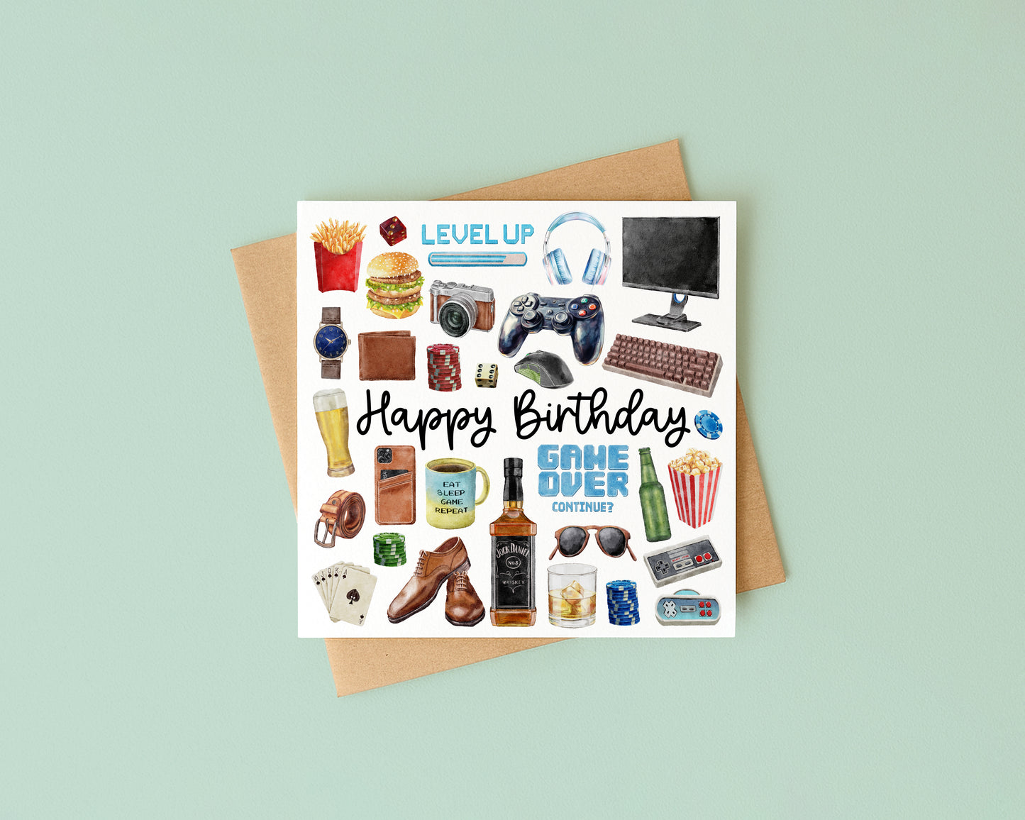 Gaming mens Birthday Card gamer drinks snacks mans bday Design with Envelope