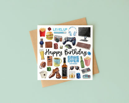 Gaming mens Birthday Card gamer drinks snacks mans bday Design with Envelope