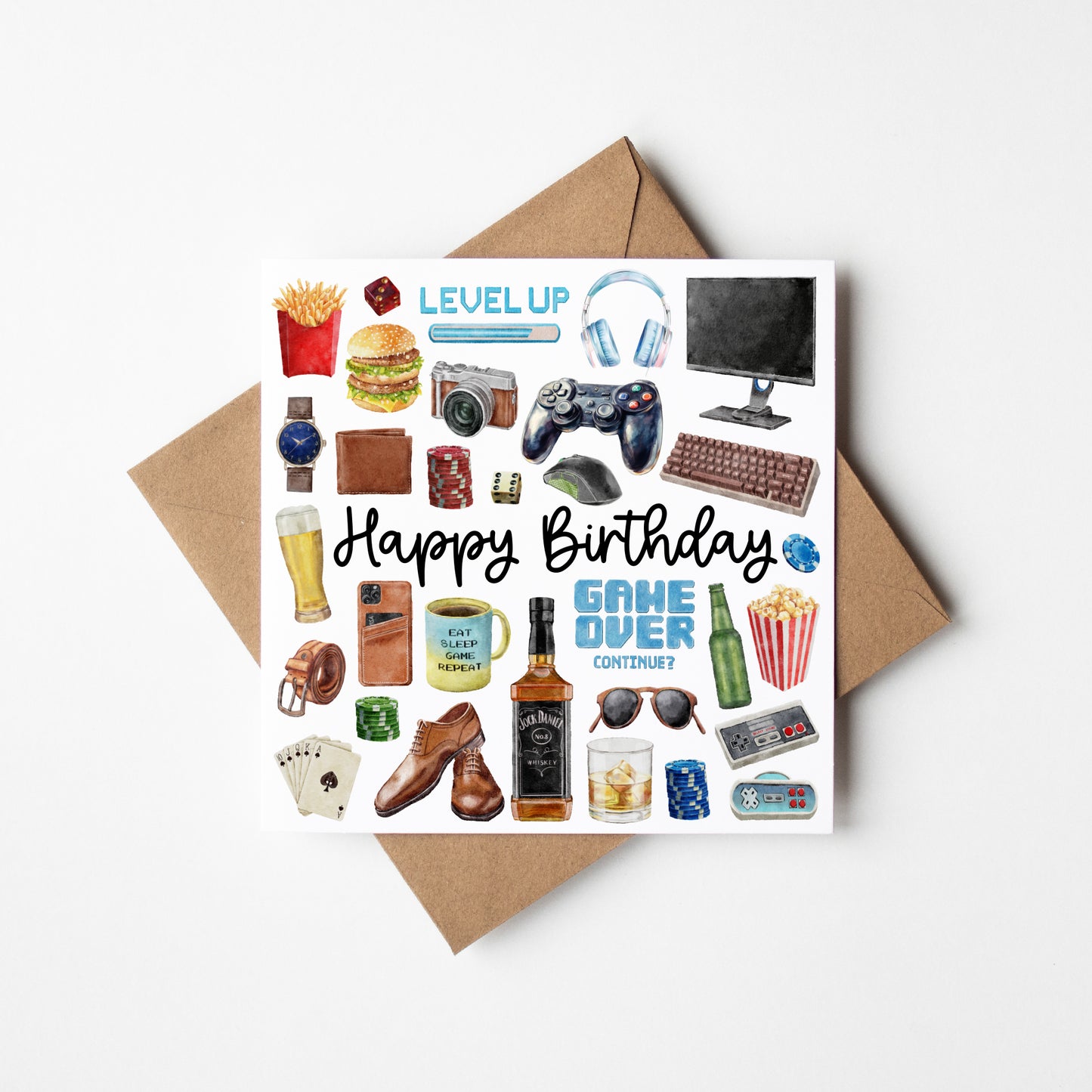 Gaming mens Birthday Card gamer drinks snacks mans bday Design with Envelope