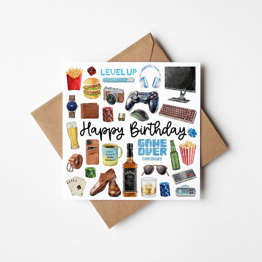 Gaming mens Birthday Card gamer drinks snacks mans bday Design with Envelope
