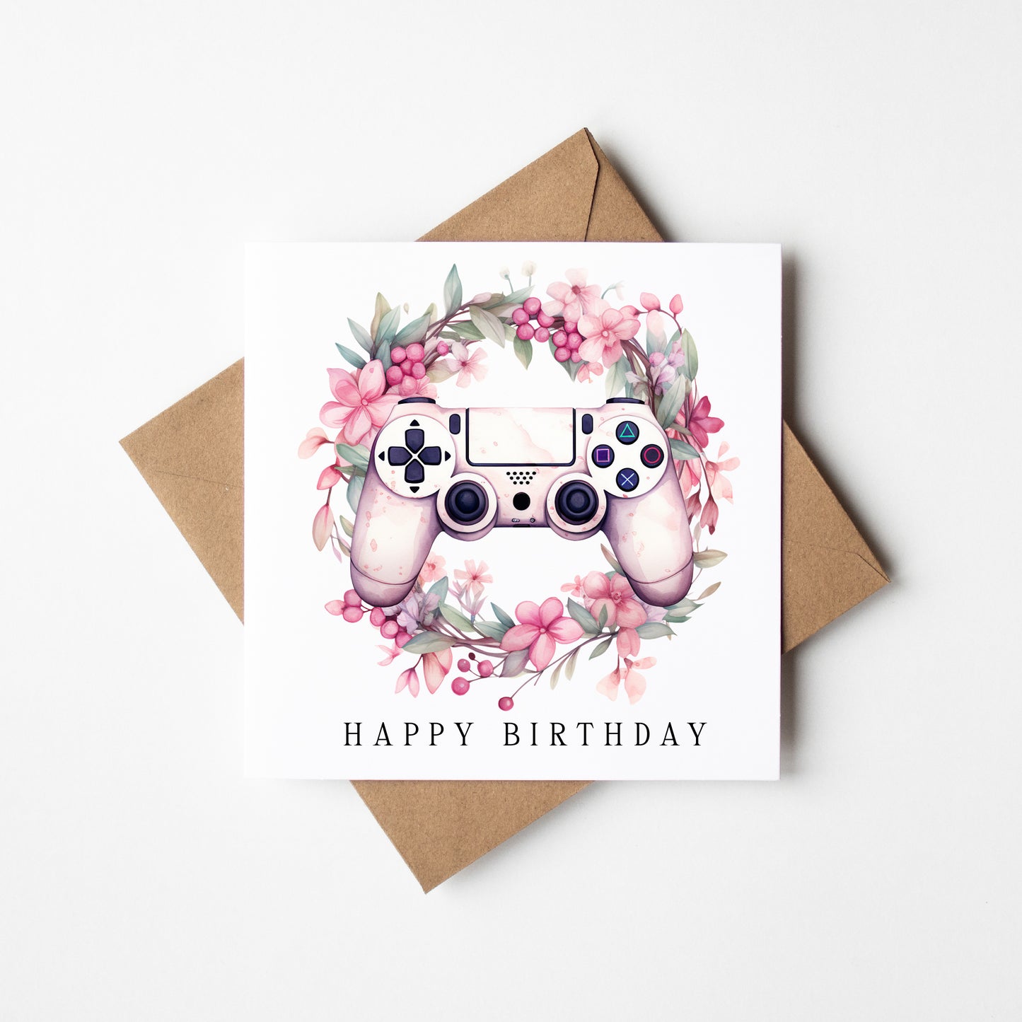 Gaming Birthday Card girls pink floral girl gamer bday Design with Envelope