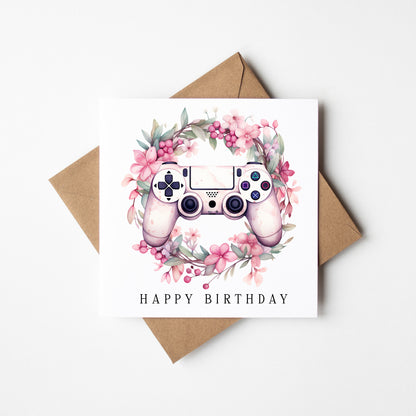 Gaming Birthday Card girls pink floral girl gamer bday Design with Envelope