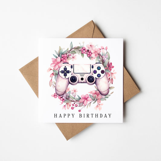 Gaming Birthday Card girls pink floral girl gamer bday Design with Envelope