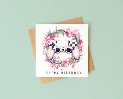 Gaming Birthday Card girls pink floral girl gamer bday Design with Envelope