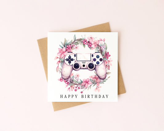 Gaming Birthday Card girls pink floral girl gamer bday Design with Envelope