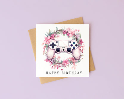 Gaming Birthday Card girls pink floral girl gamer bday Design with Envelope