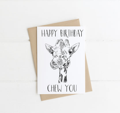 Happy birthday card, Happy birthday chew you funny giraffe sketch humorous animal birthday card with envelope,kraft brown or white