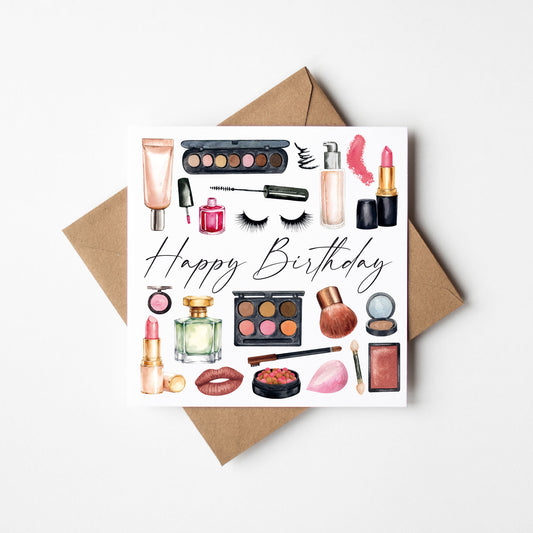 Make up Birthday Card watercolour cosmetics women's unique Design with Envelope