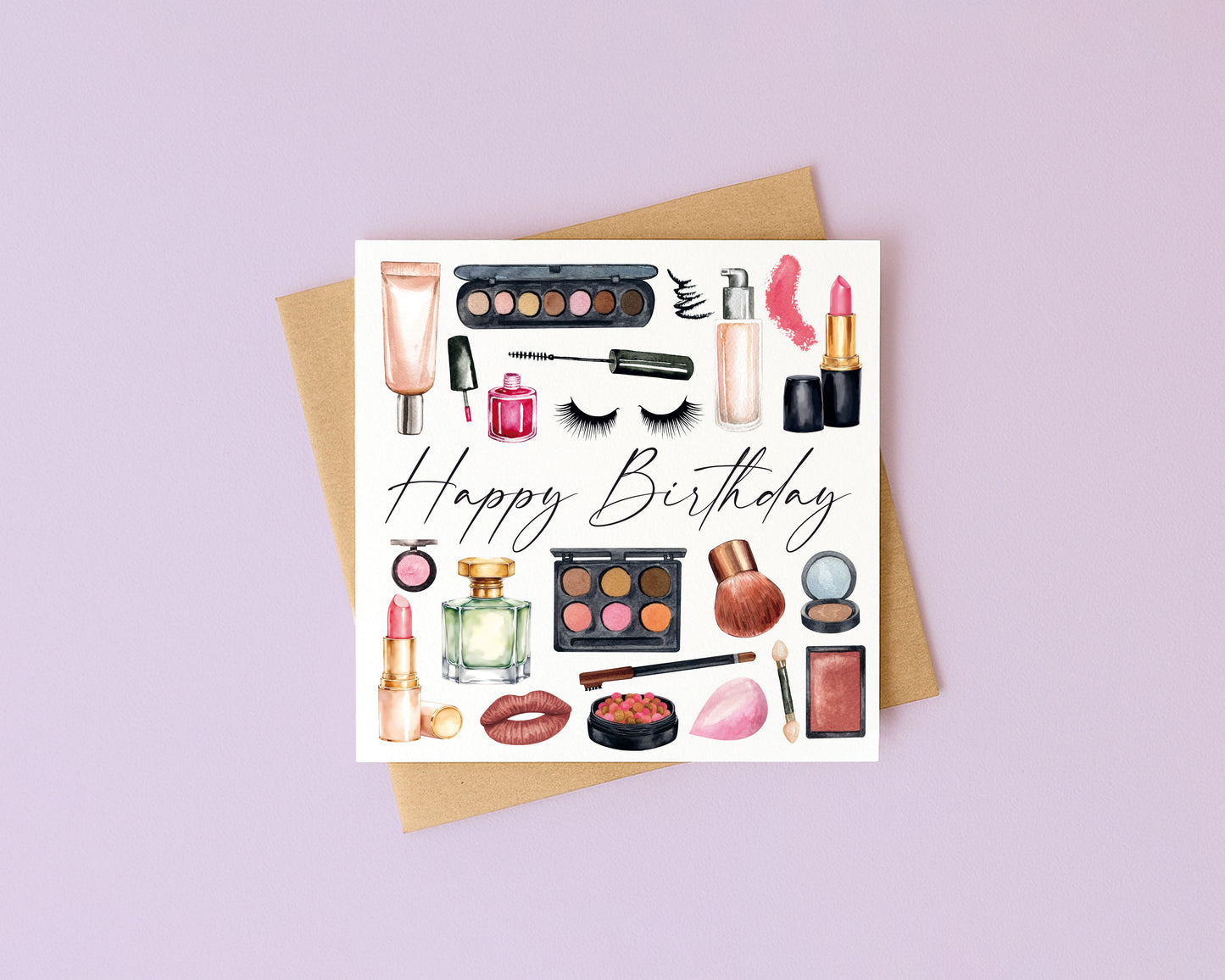 Make up Birthday Card watercolour cosmetics women's unique Design with Envelope