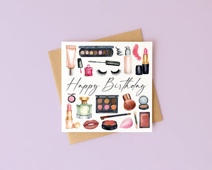 Make up Birthday Card watercolour cosmetics women's unique Design with Envelope