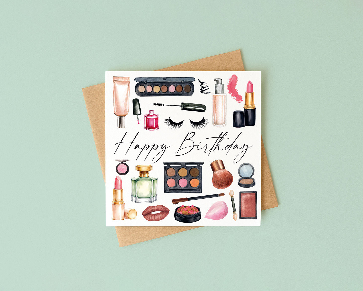 Make up Birthday Card watercolour cosmetics women's unique Design with Envelope