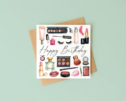 Make up Birthday Card watercolour cosmetics women's unique Design with Envelope