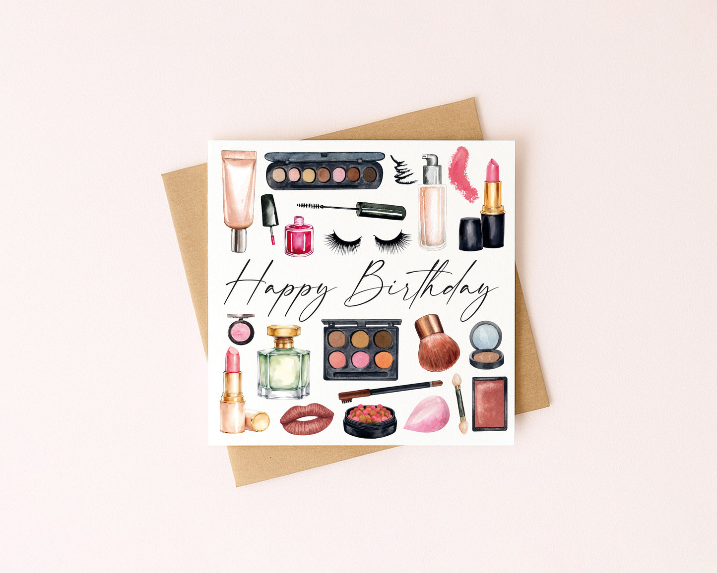 Make up Birthday Card watercolour cosmetics women's unique Design with Envelope