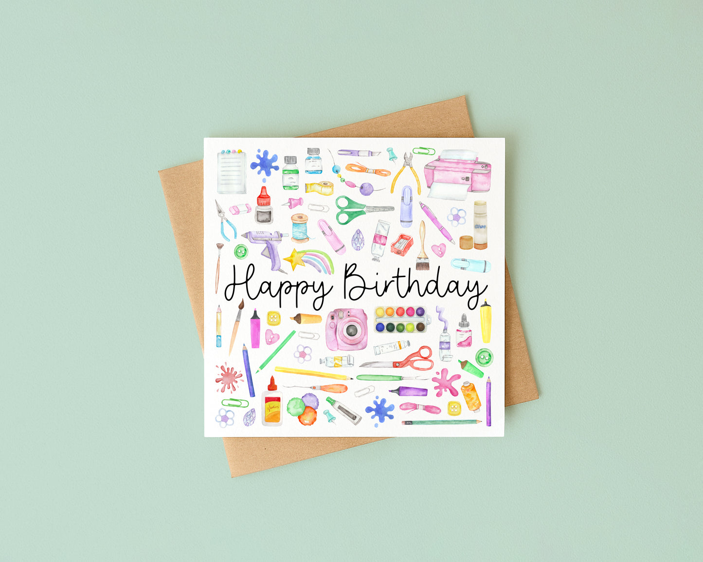 Craft Creator Artist Birthday Card Watercolour Design with Kraft Envelope