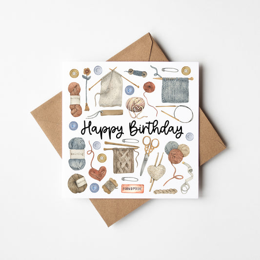 Birthday card, Crochet sewing knitting lover cosy knit watercolour blue beige crafter craft birthday card unique birthday card with envelope