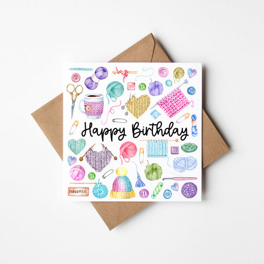 Crochet Knit Birthday Card Watercolour Bright Design with Kraft Envelope