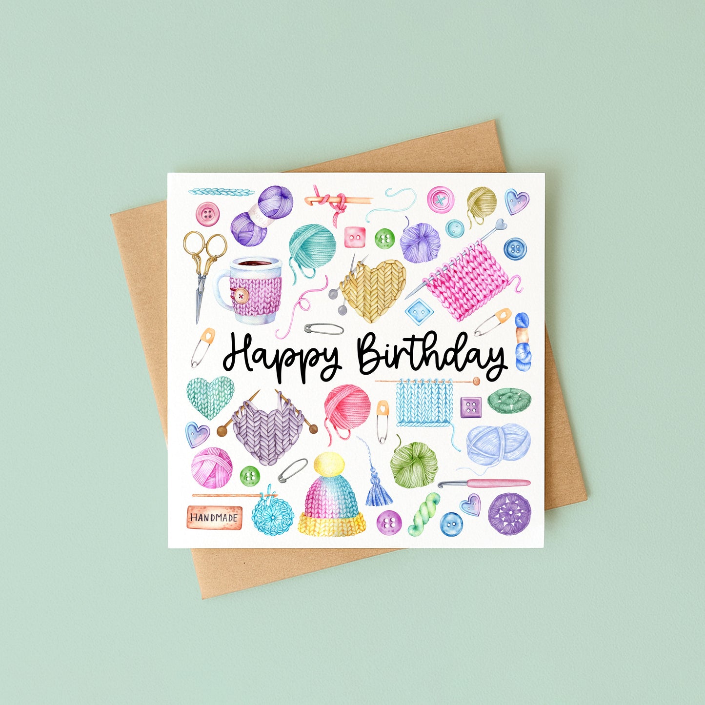 Crochet Knit Birthday Card Watercolour Bright Design with Kraft Envelope