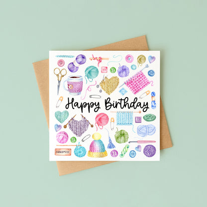 Crochet Knit Birthday Card Watercolour Bright Design with Kraft Envelope