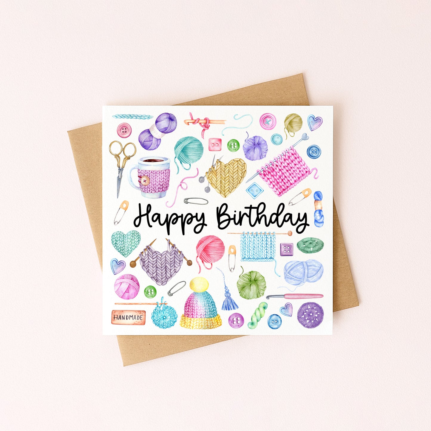Crochet Knit Birthday Card Watercolour Bright Design with Kraft Envelope