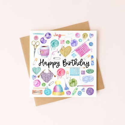 Crochet Knit Birthday Card Watercolour Bright Design with Kraft Envelope