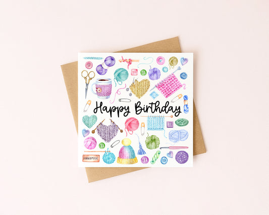 Crochet Knit Birthday Card Watercolour Bright Design with Kraft Envelope