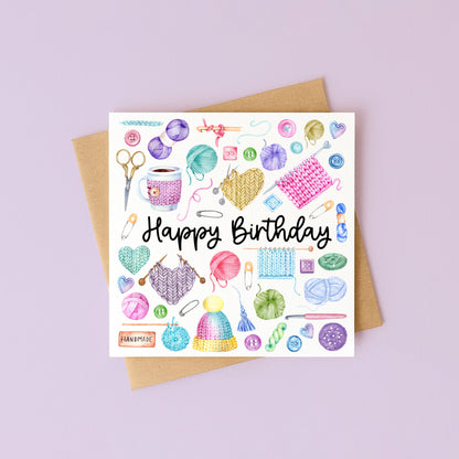 Crochet Knit Birthday Card Watercolour Bright Design with Kraft Envelope