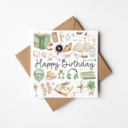 Cosy Book self care Birthday Card Watercolour Design with Kraft Envelope