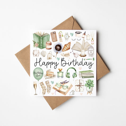 Cosy Book self care Birthday Card Watercolour Design with Kraft Envelope