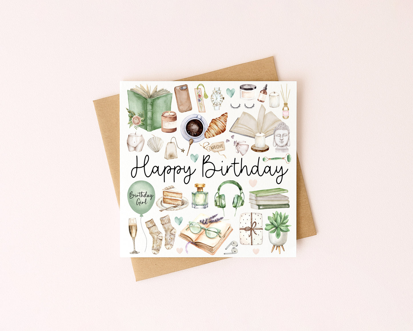 Cosy Book self care Birthday Card Watercolour Design with Kraft Envelope