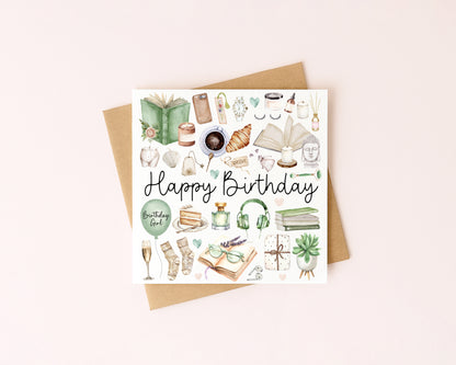 Cosy Book self care Birthday Card Watercolour Design with Kraft Envelope