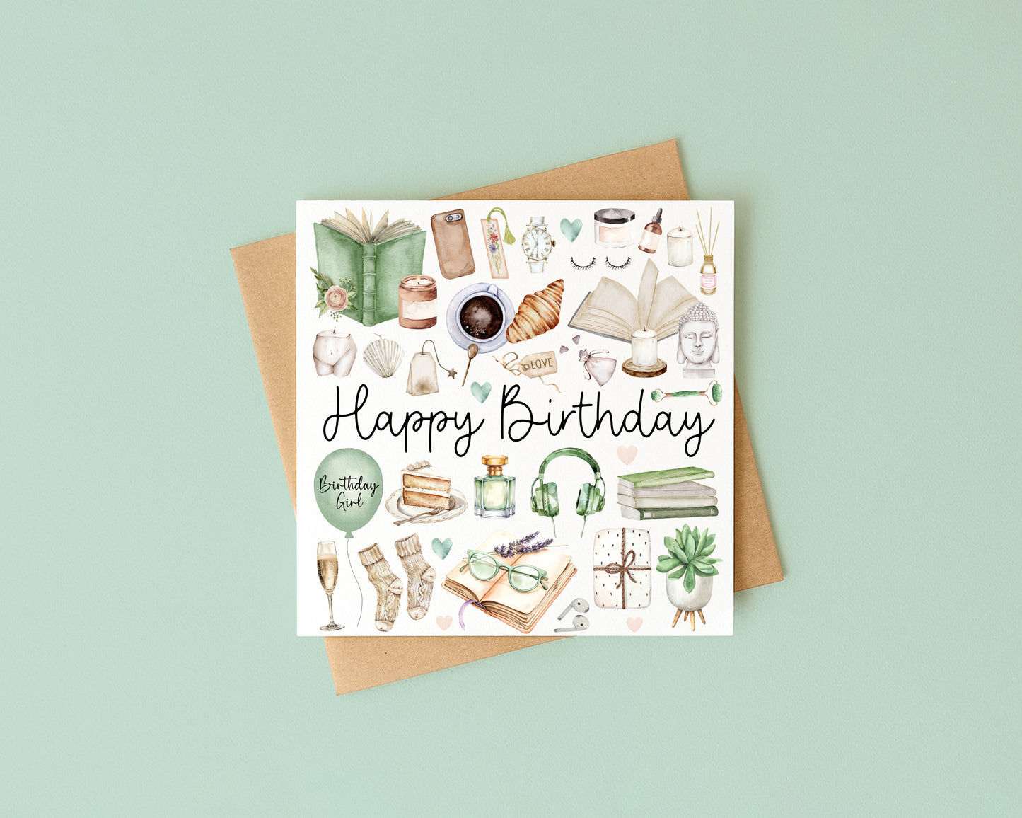 Cosy Book self care Birthday Card Watercolour Design with Kraft Envelope